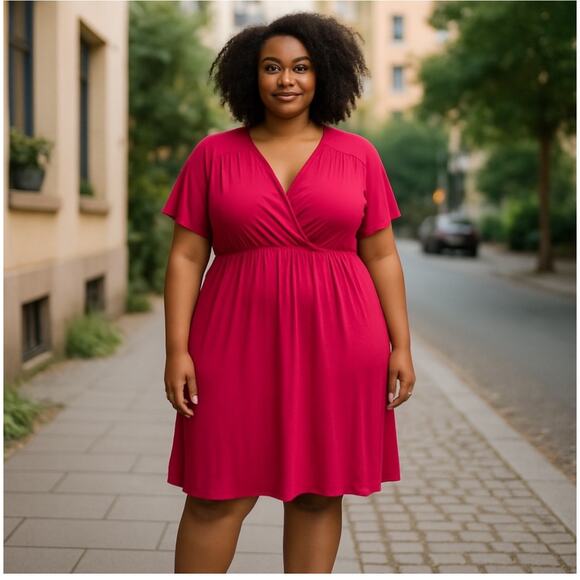 Ulla Popken Red Knit Rayon Blend Relaxed Fit Faux Wrap Dress Size 24/26 Career - Picture 1 of 11